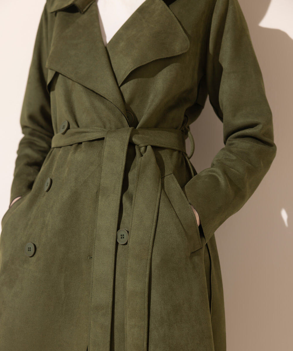 Woman - Green Suede Trench Coat with Belt