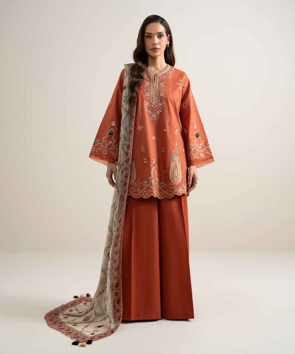 Women's Unstitched Zari Lawn Embroidered Orange 3 Piece Suit