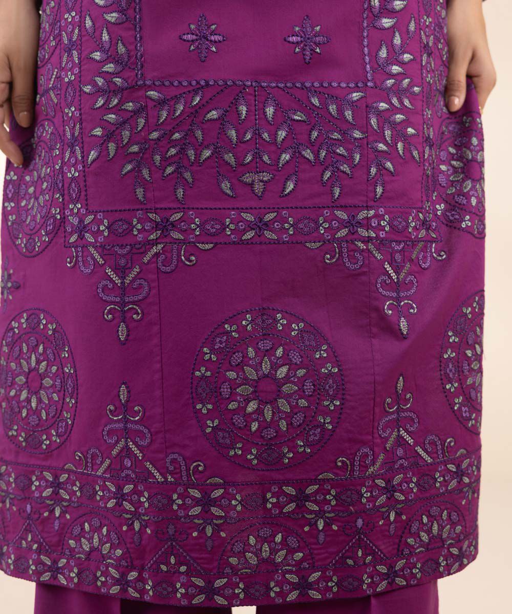 Women's Unstitched Purple Cotton 3 Piece Suit