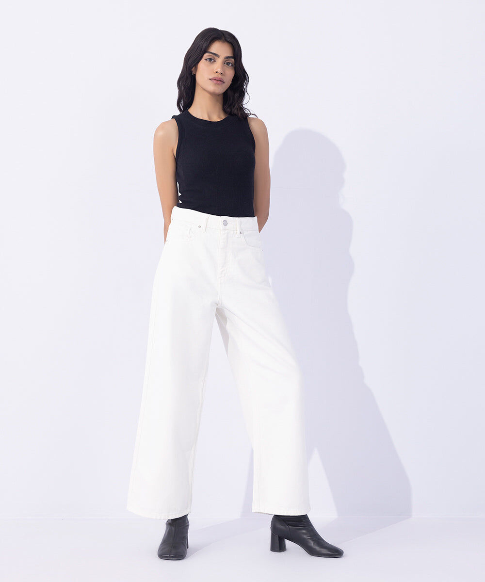 Woman - Off White Cropped Wide Leg Jeans