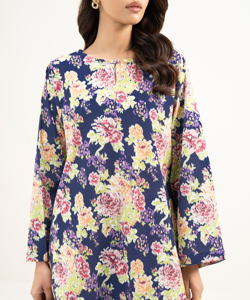 Women's RTW Seersucker Printed Purple Straight Shirt