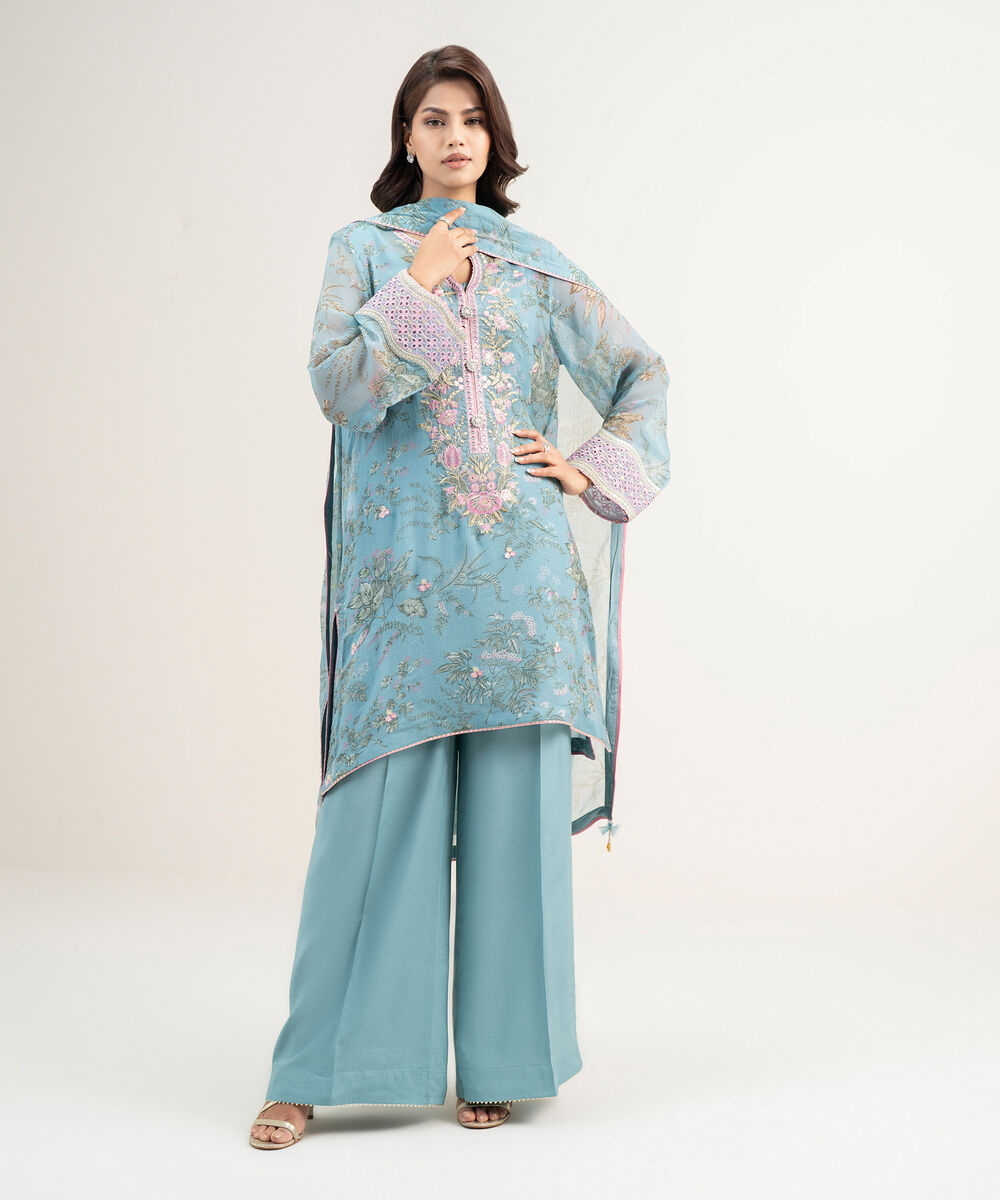 Women's RTW Blended Chiffon Embroidered Blue 3 Piece Suit