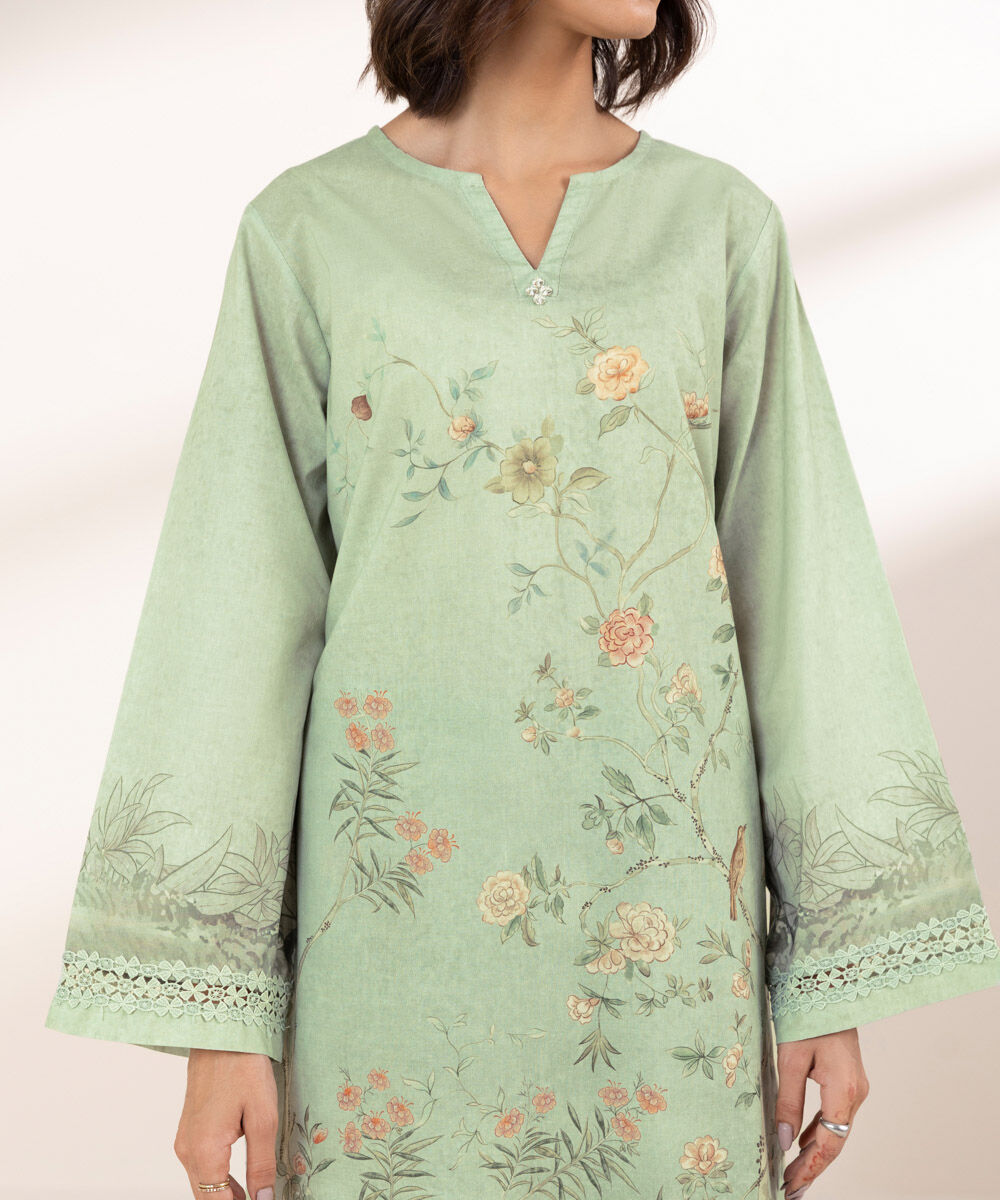 Women's RTW Cambric Green Printed A-Line Shirt