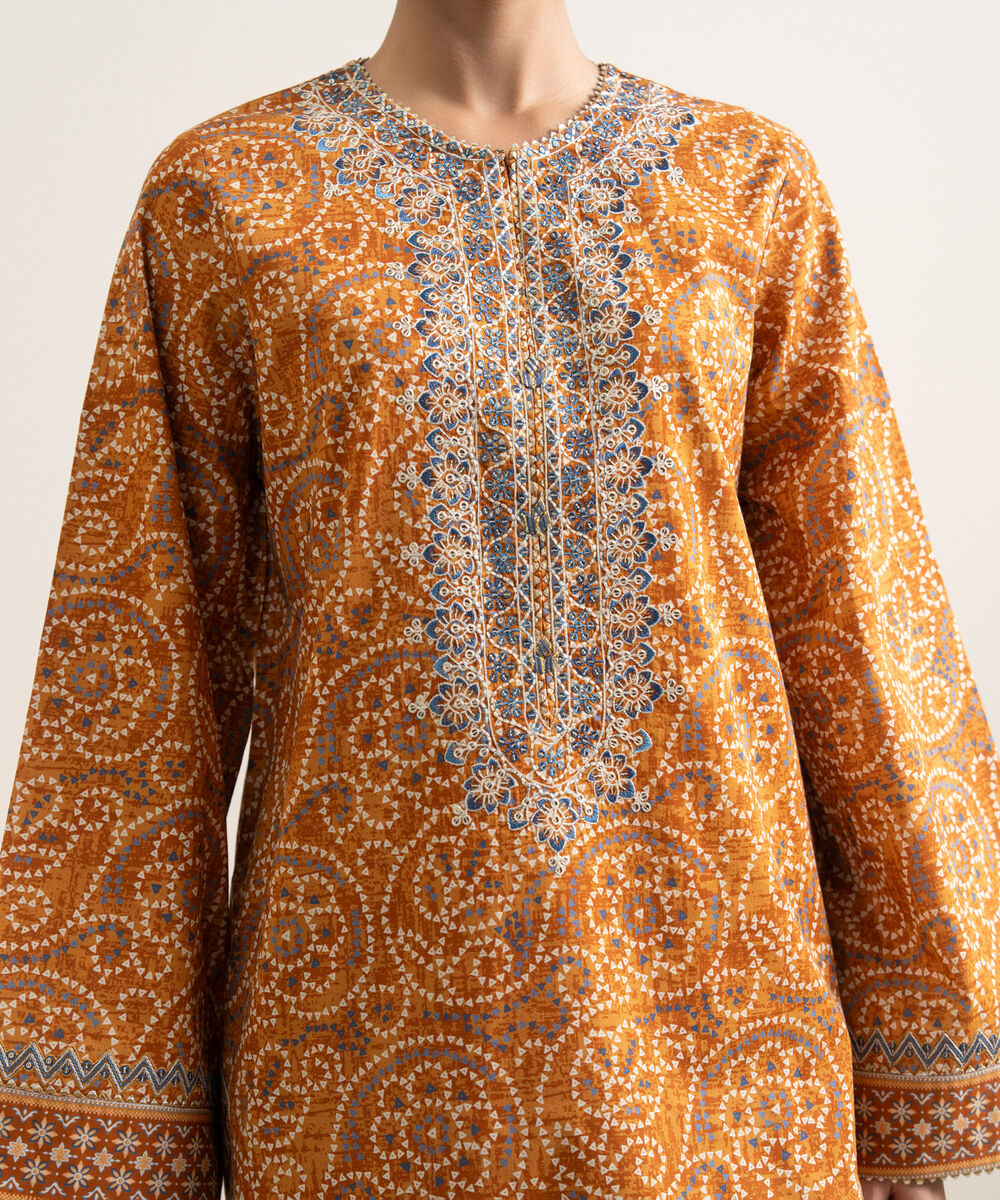 Women's Unstitched Lawn Embroidered Orange 2 Piece Suit