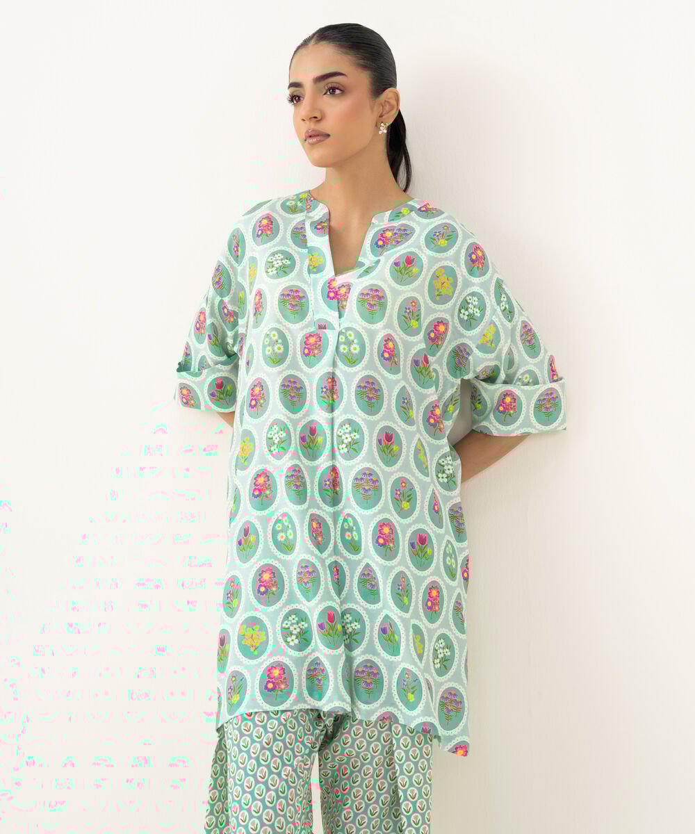 Women's RTW Linen Viscose Printed Turquoise Drop Shoulder Shirt