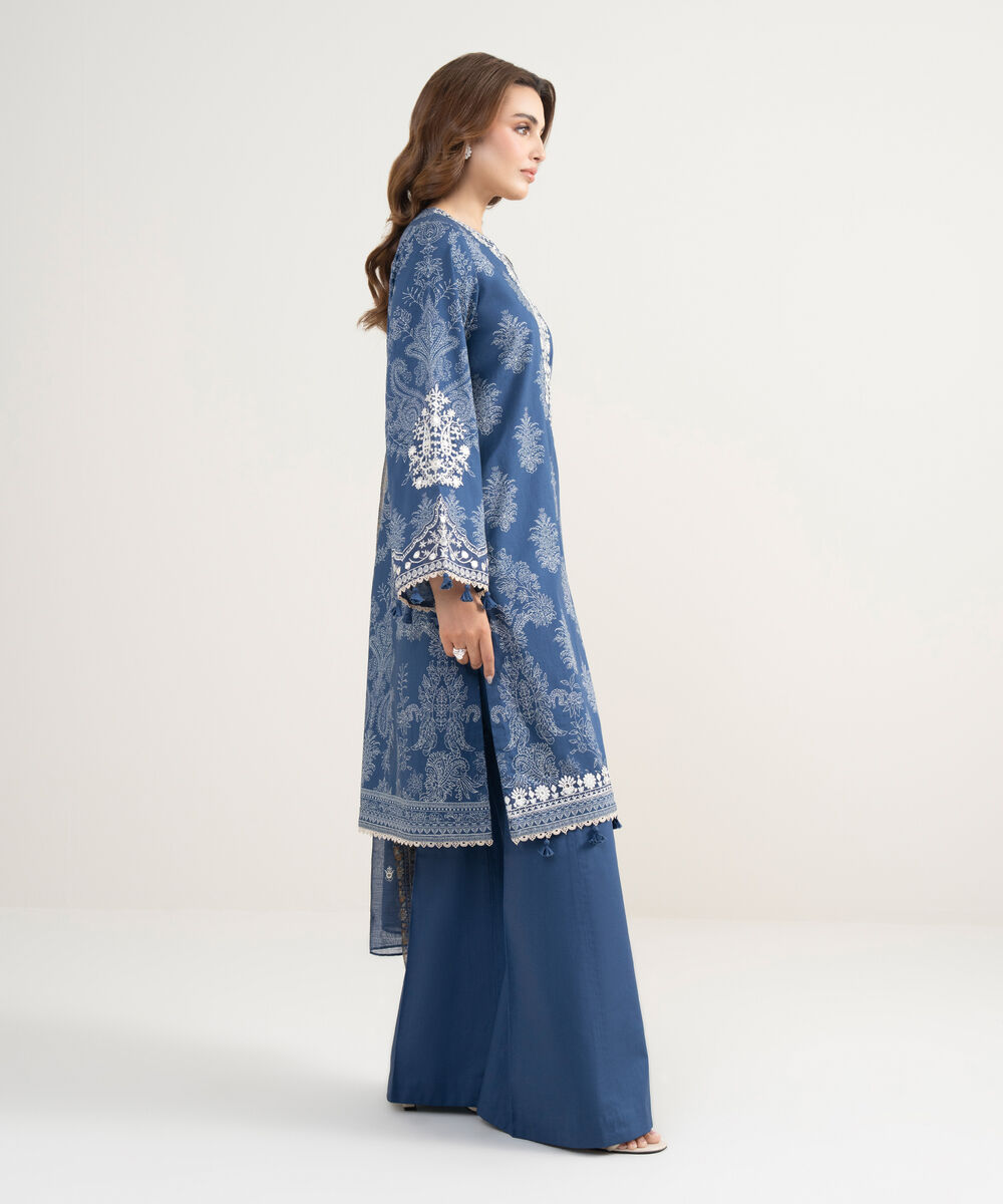 Women's Unstitched Lawn Embroidered Blue 3 Piece Suit