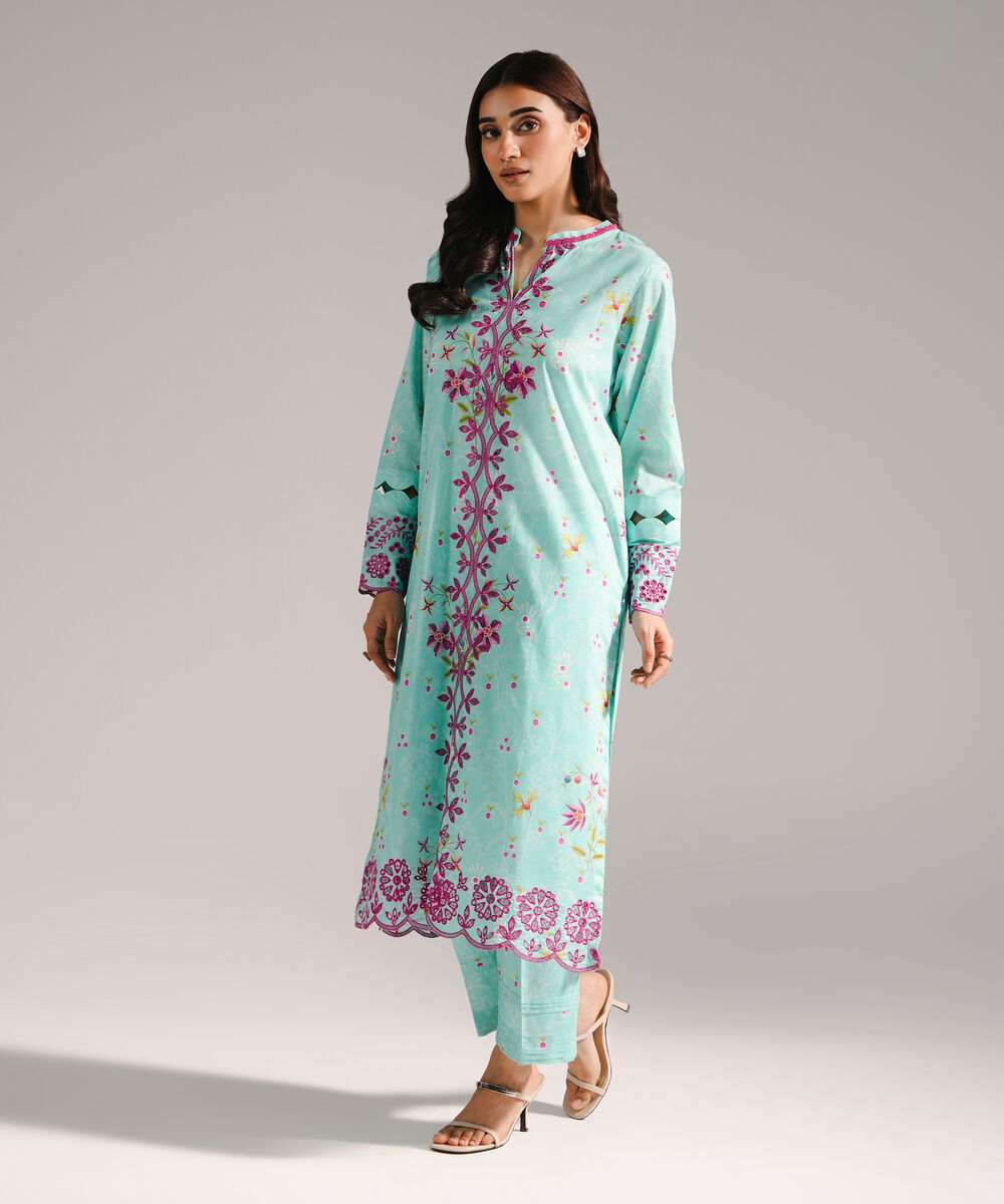 Women's RTW Lawn Embroidered Straight Turquoise Shirt