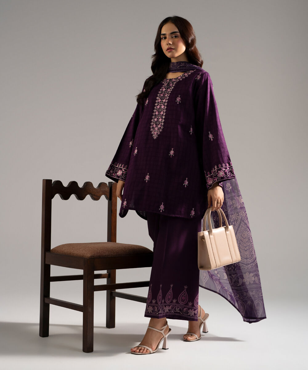 Women's RTW Dobby Embroidered Purple 3 Piece Suit