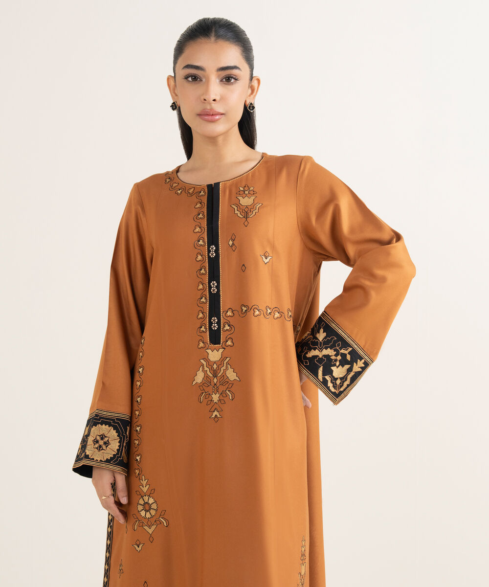 Women's RTW Viscose Marina Embroidered Brown A-Line Shirt