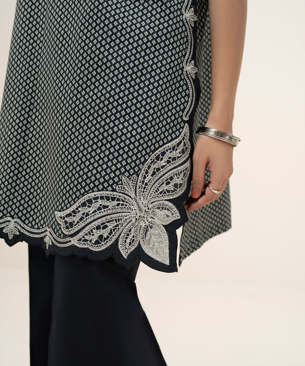 Women's Unstitched Lawn Embroidered Black and Off White 3 Piece Suit
