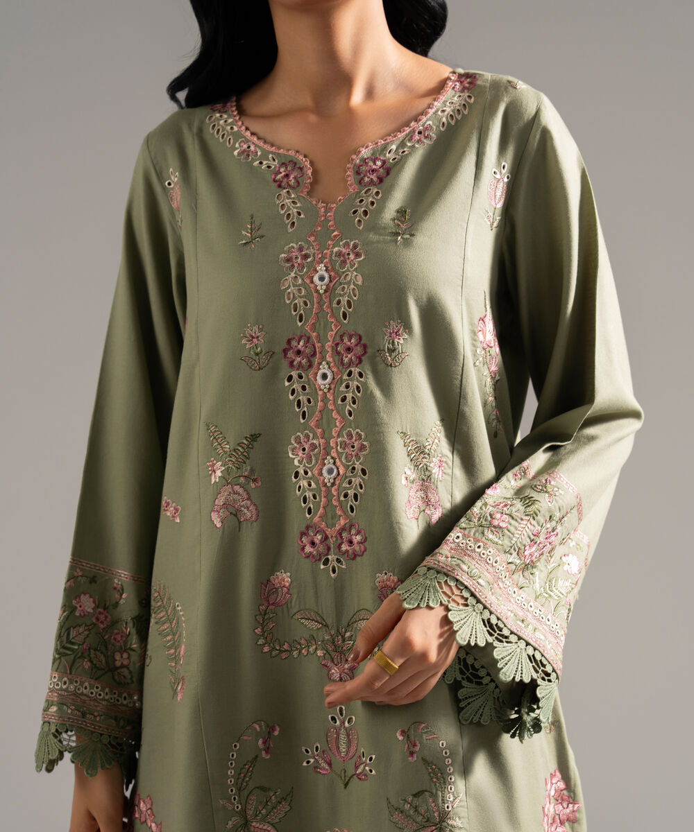 Women's RTW Dobby Crepe Embroidered Green 3 Piece Suit