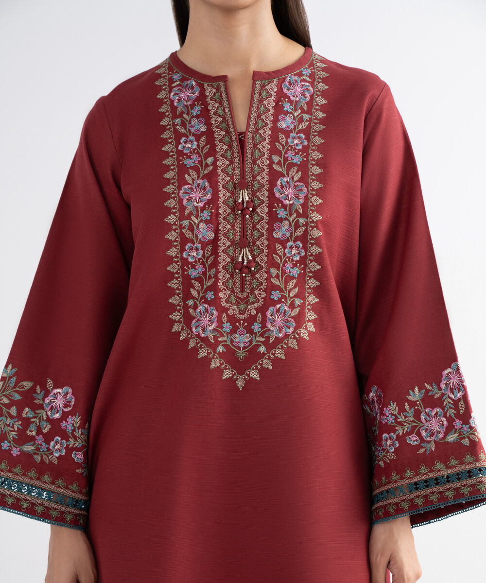 Women's Unstitched Khaddar Embroidered Red 3 Piece Suit