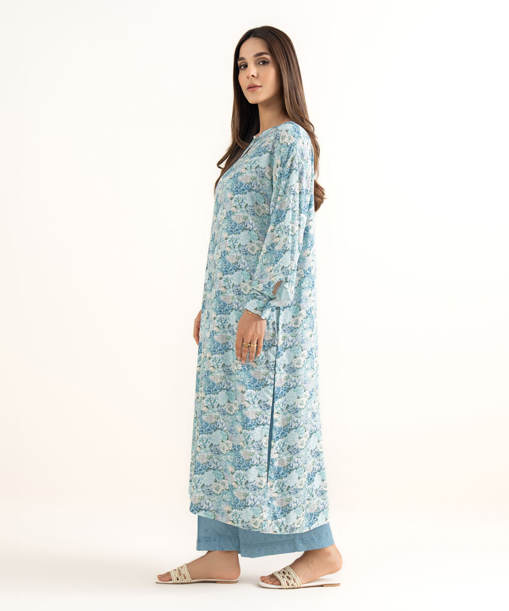 Women's RTW Arabic Lawn Blue Printed Straight Shirt