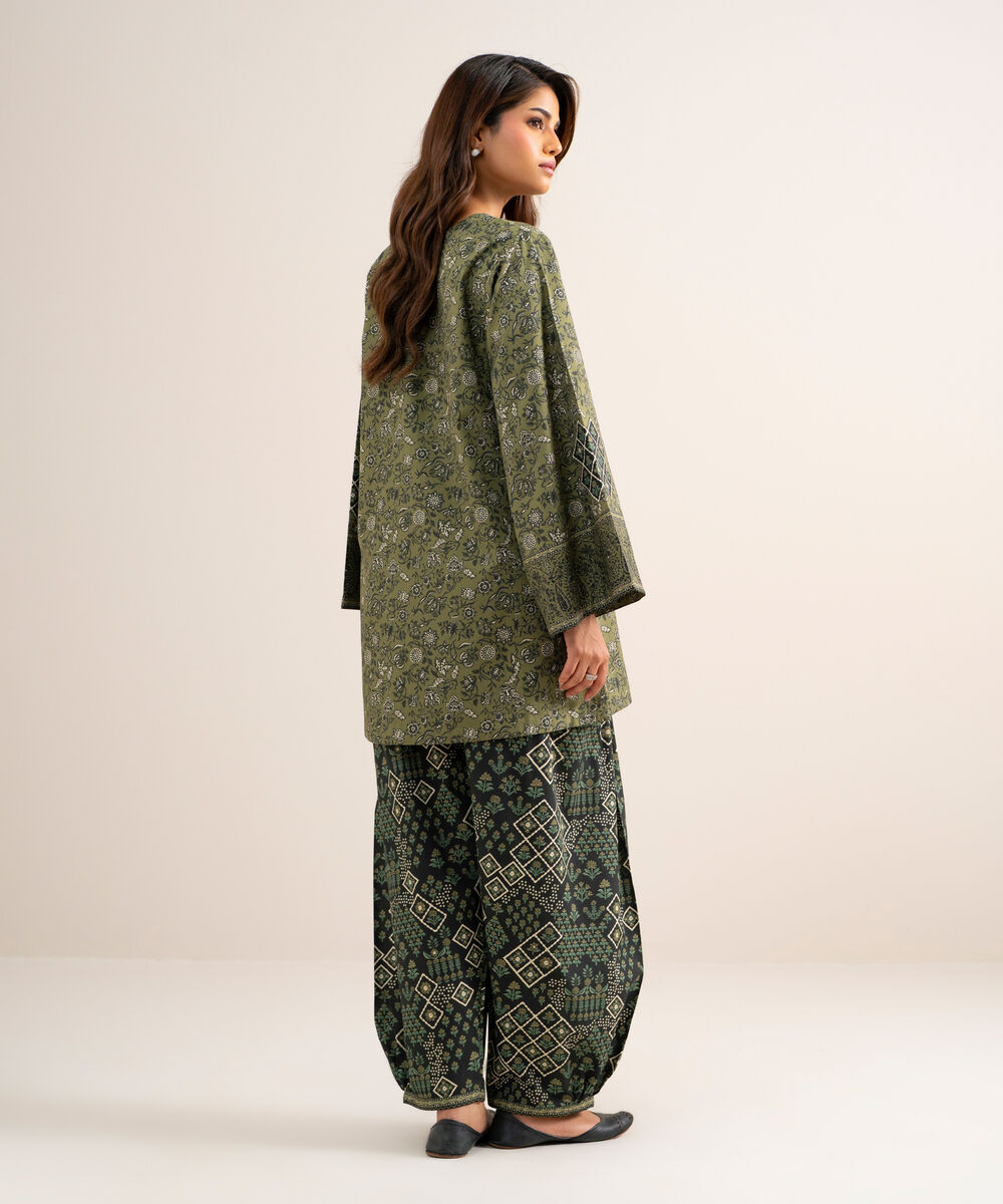 Women's Unstitched Cotton Printed Green 2 Piece Suit