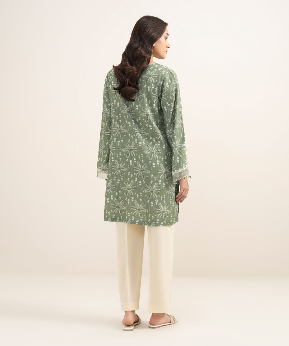 Women's RTW Viscose Raw Silk Embroidered Green Straight Shirt