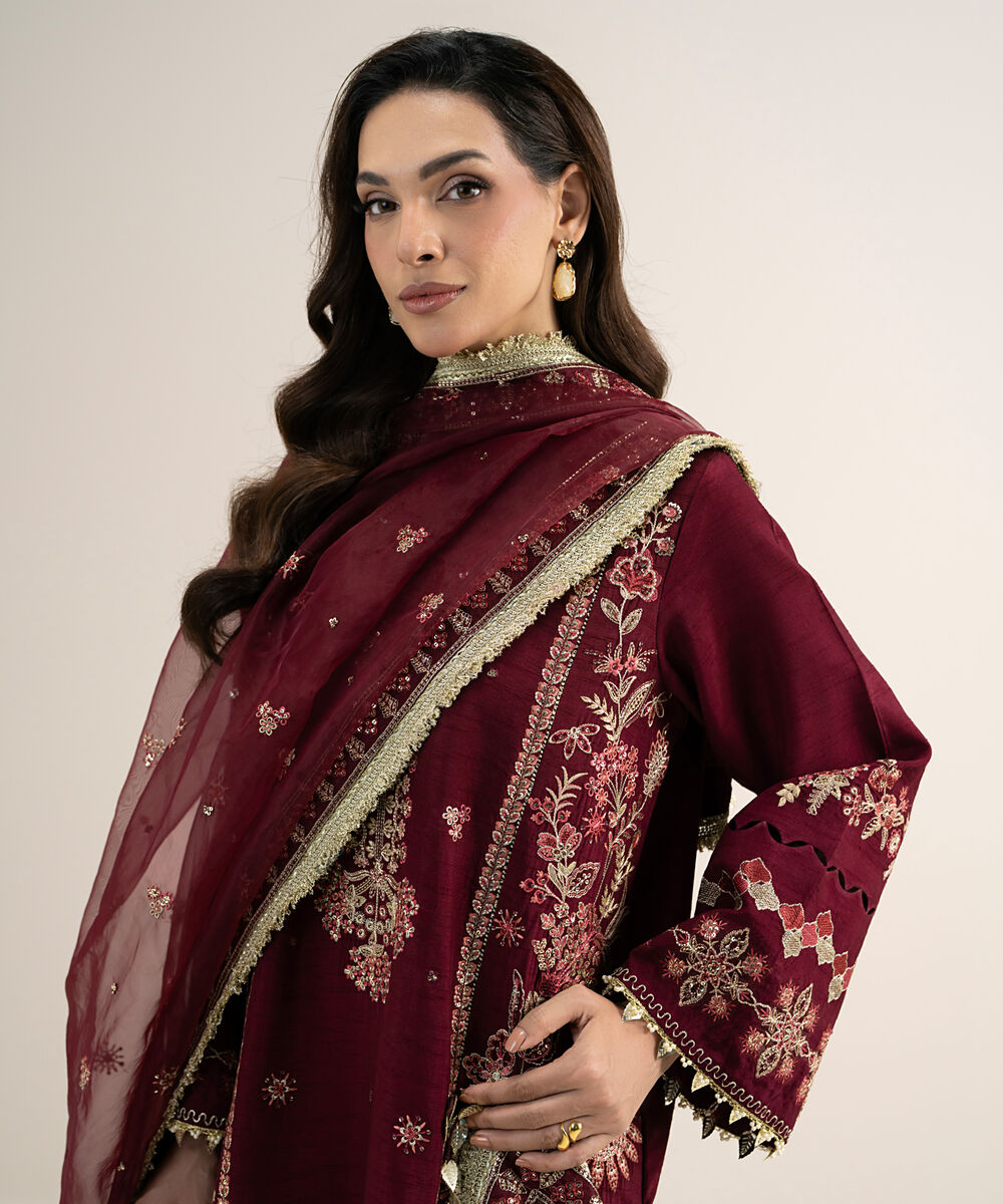 Women's Unstitched Embroidered Viscose Raw Silk Maroon 3 Piece Suit