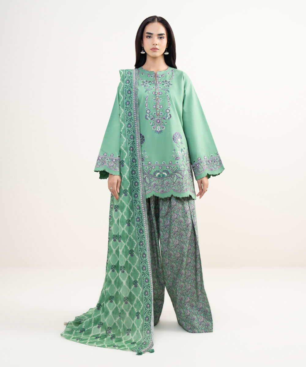 Women's Unstitched Textured Lawn Embroidered Green 3 Piece Suit