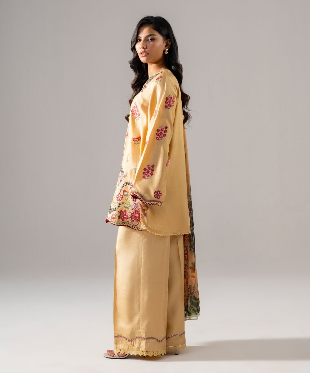 Women's RTW Bright Raw Silk Embroidered Beige 3 Piece Suit