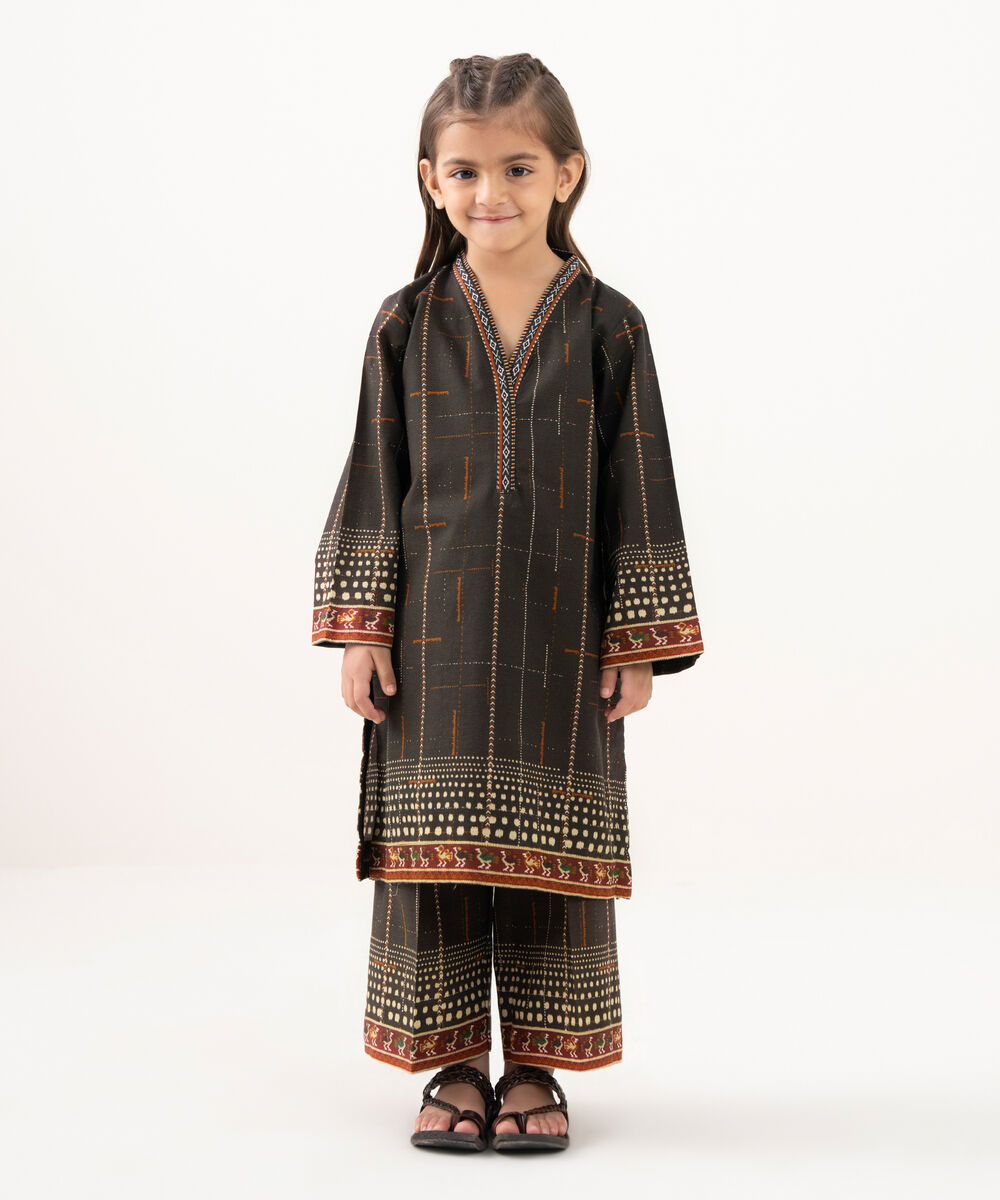 Girl's Light Khaddar Printed Brown 2 Piece Suit