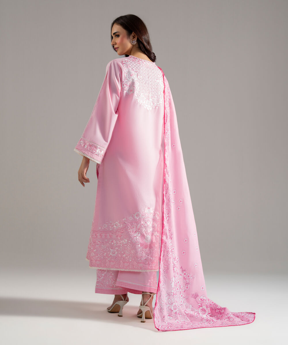 Women's RTW Cambric Solid Embroidered Pink 3 Piece Suit