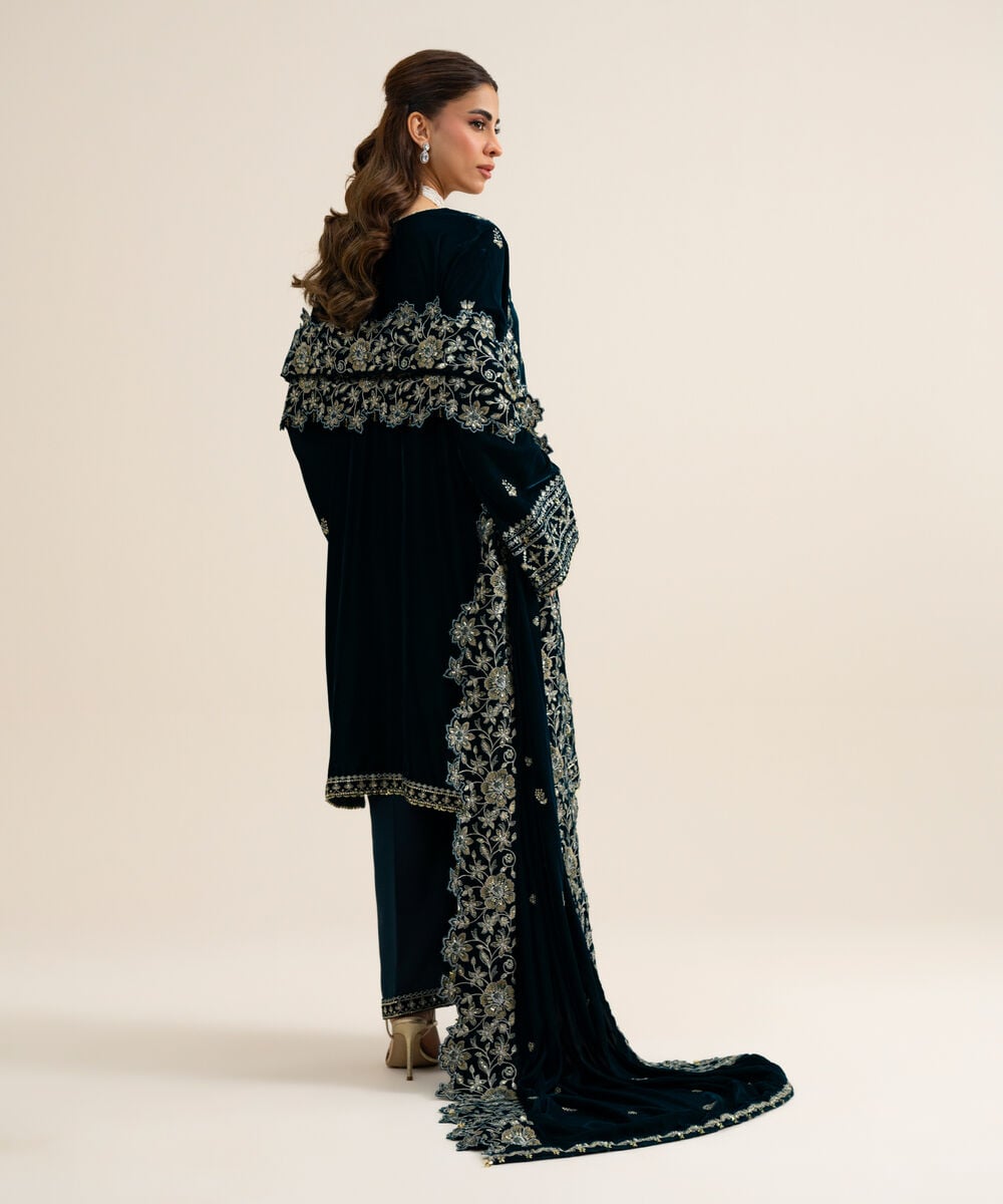 Women's Unstitched Velvet Embroidered Dark Blue 3 Piece Suit