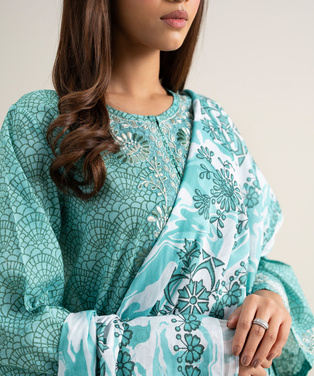 Women's Unstitched Lawn Embroidered Green and White 3 Piece Suit