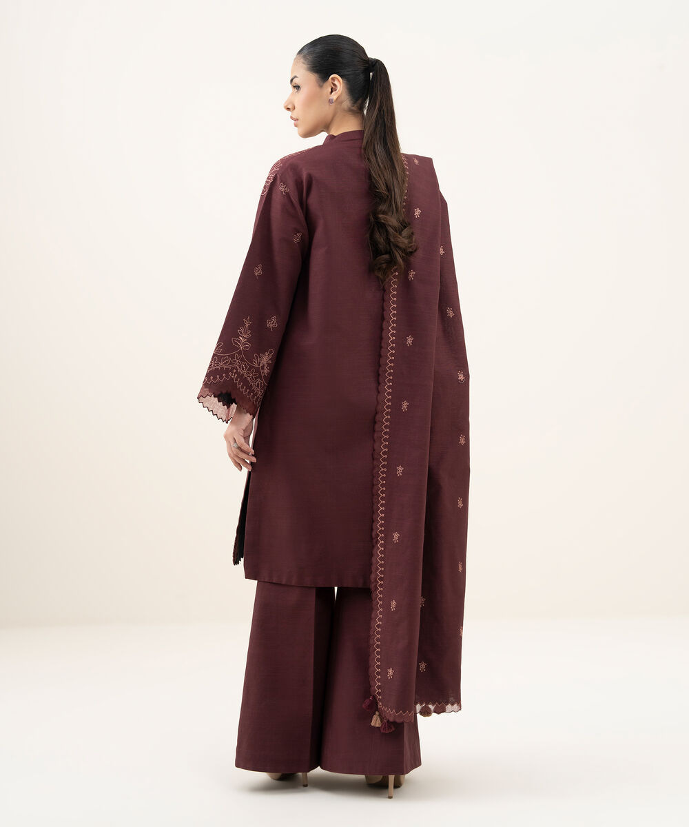 Women's Unstitched Embroidered Cotton Maroon 3 Piece Suit