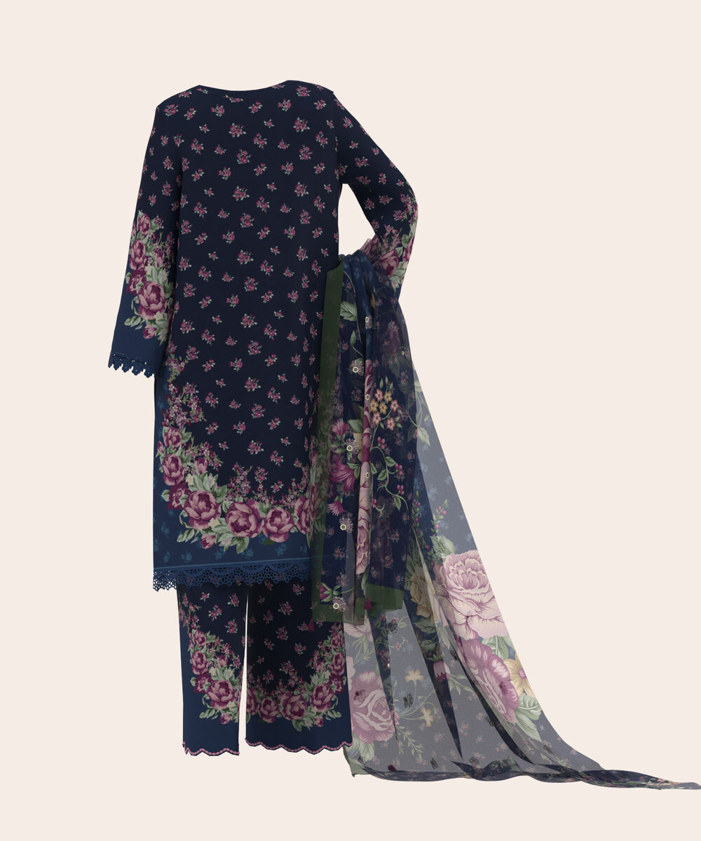 Women's Unstitched Lawn Blue  Embroidered 3 Piece Suit