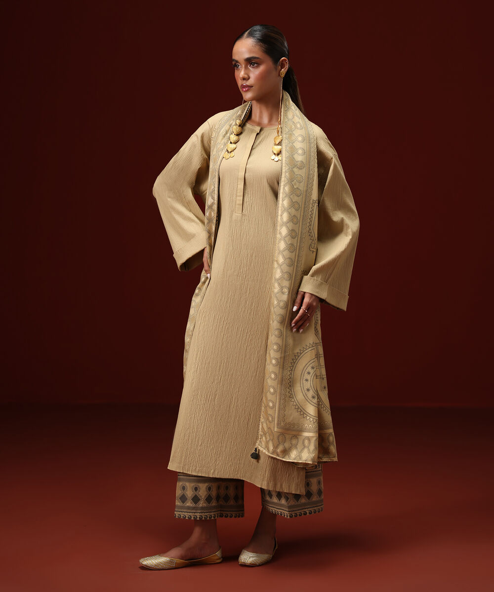 Women's RTW Seersucker Beige Solid Straight Shirt