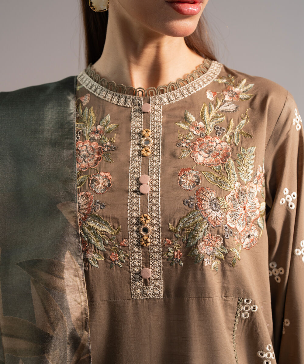Women's RTW Slub Lawn Embroidered Dark Olive 3 Piece Suit