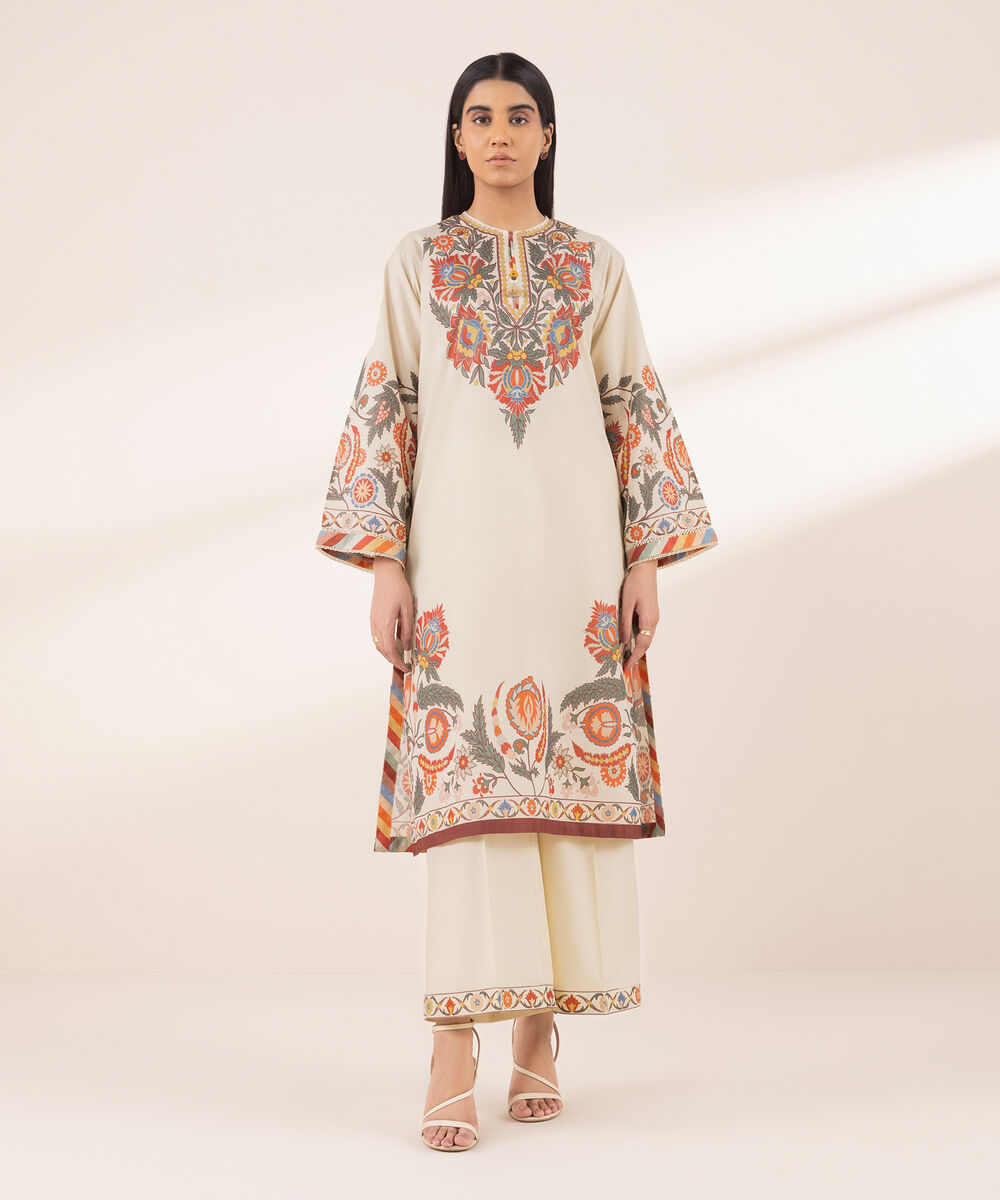 Women's RTW Zari Lawn Beige Printed Boxy Shirt