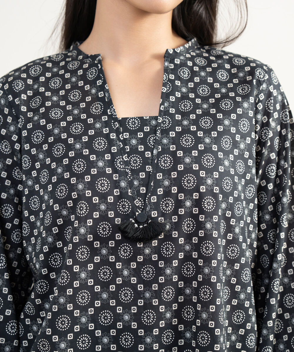 Women's RTW Cambric Printed Black Straight Shirt