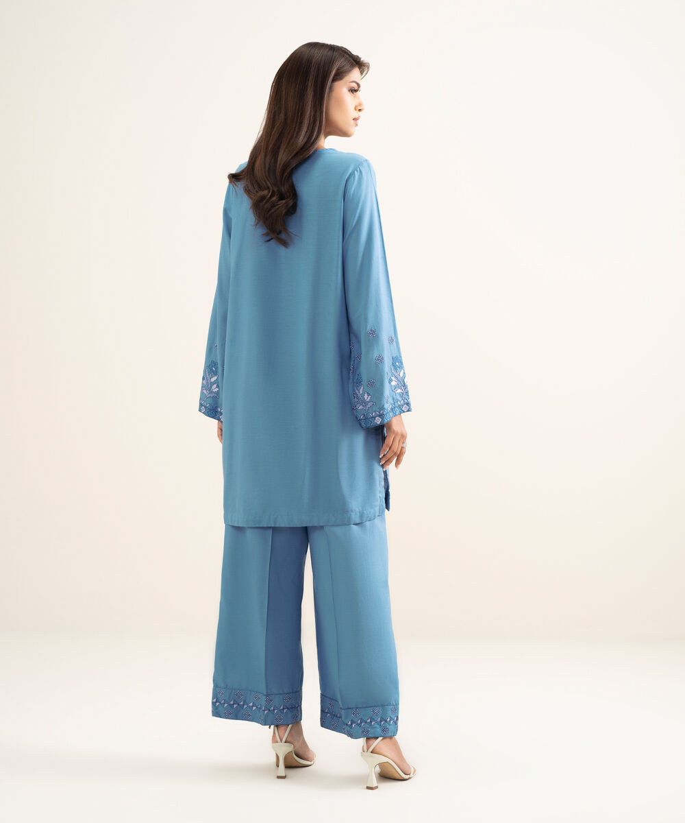Women's RTW Cotton Viscose Embroidered Blue Straight Shirt