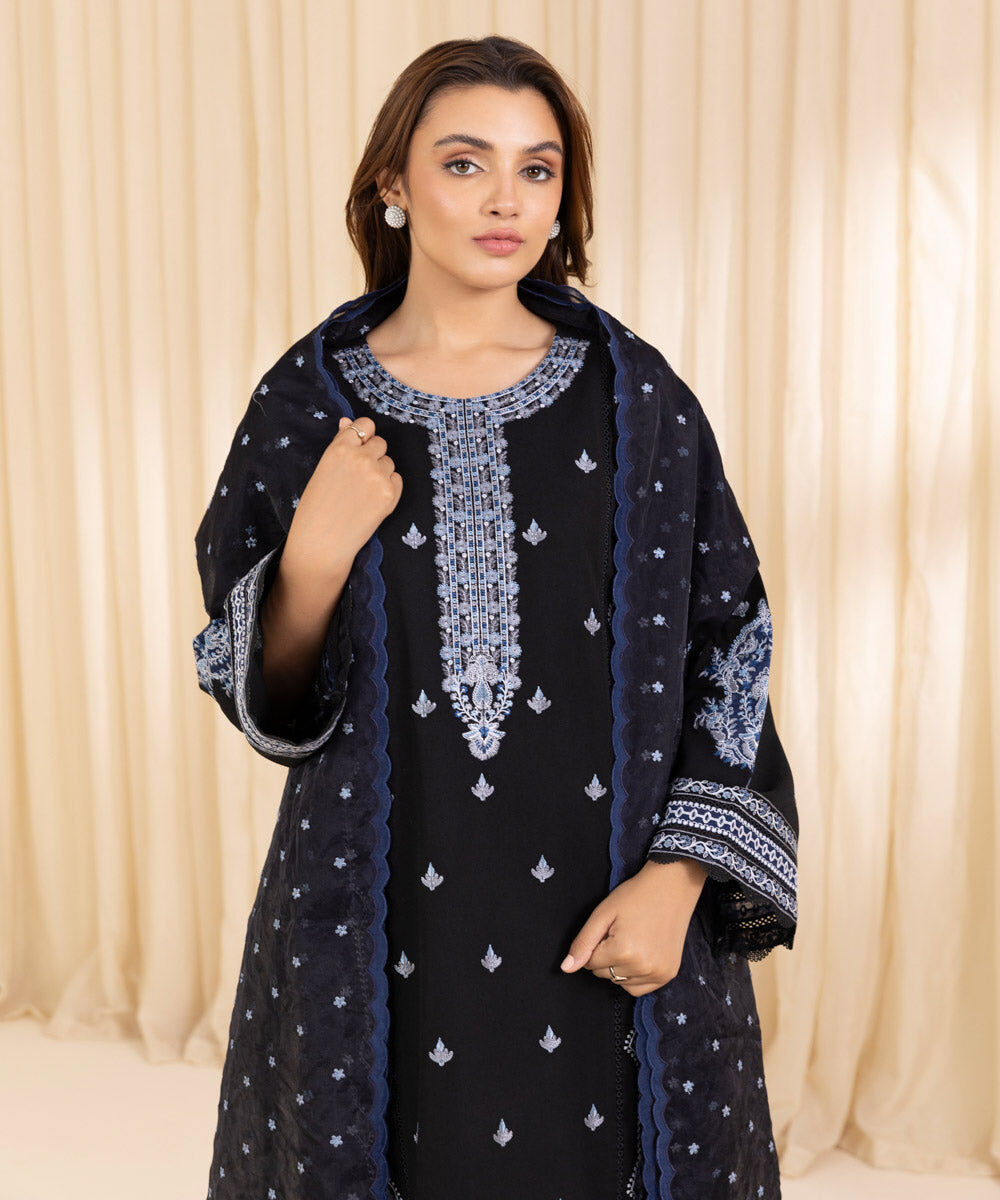 Women's Unstitched Black Cotton Karandi Three Piece Suit
