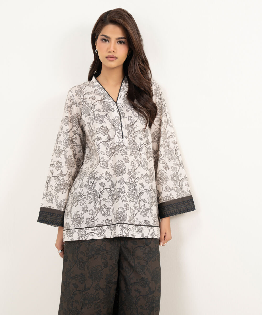 Women's RTW Lawn Printed Beige Straight Shirt