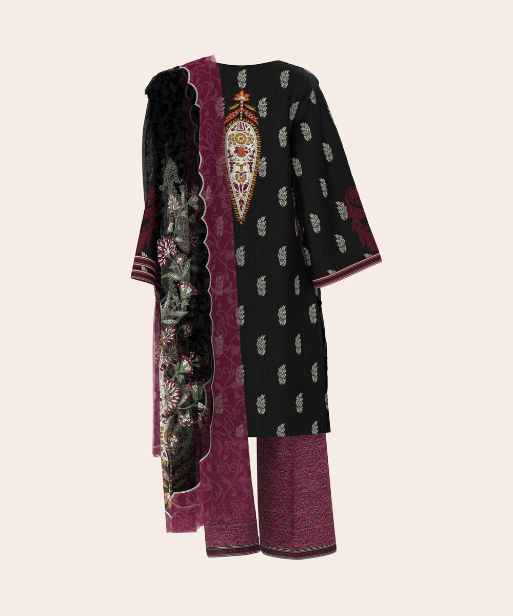 Women's Unstitched Lawn Black  Embroidered 3 Piece Suit
