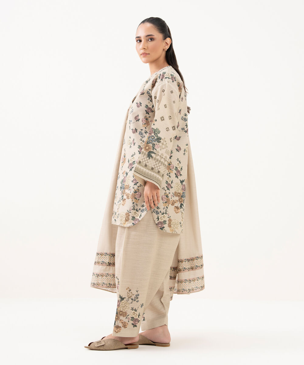 Women's Unstitched Cotton Printed Beige 3 Piece Suit