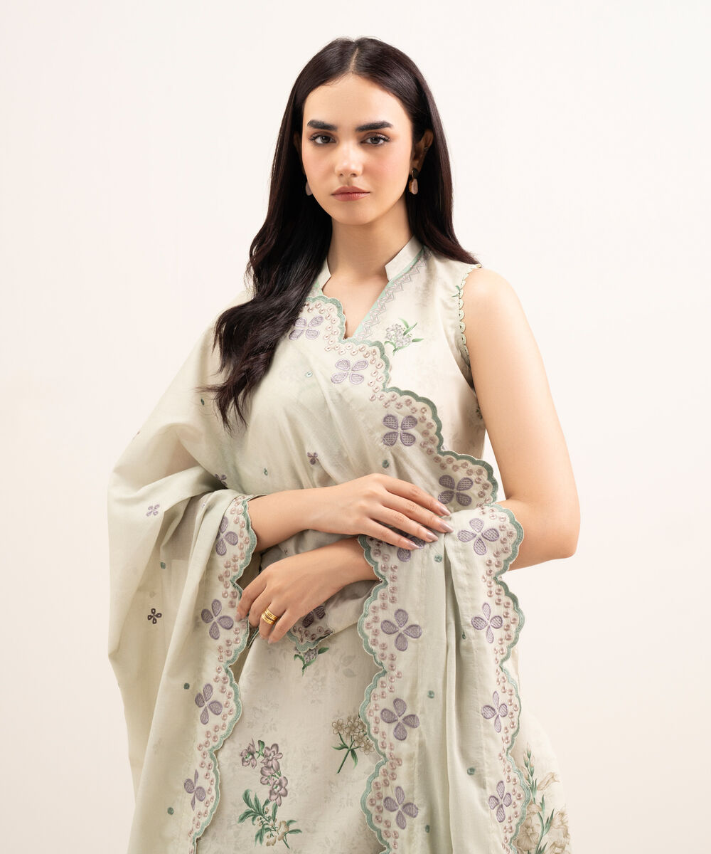 Women's Unstitched Lawn Embroidered Beige 3 Piece Suit