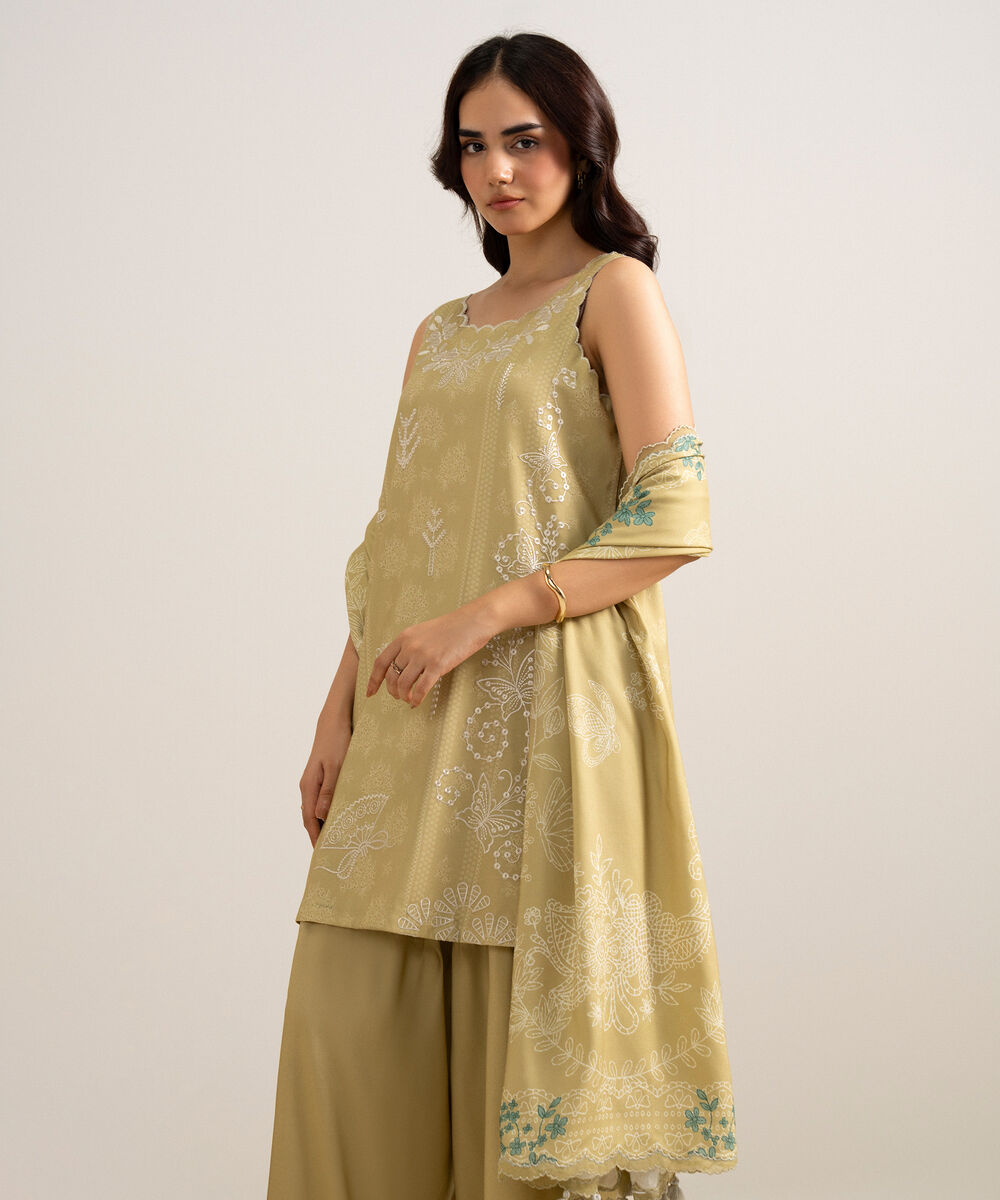 Women's Unstitched Embroidered Linen Beige 3 Piece Suit