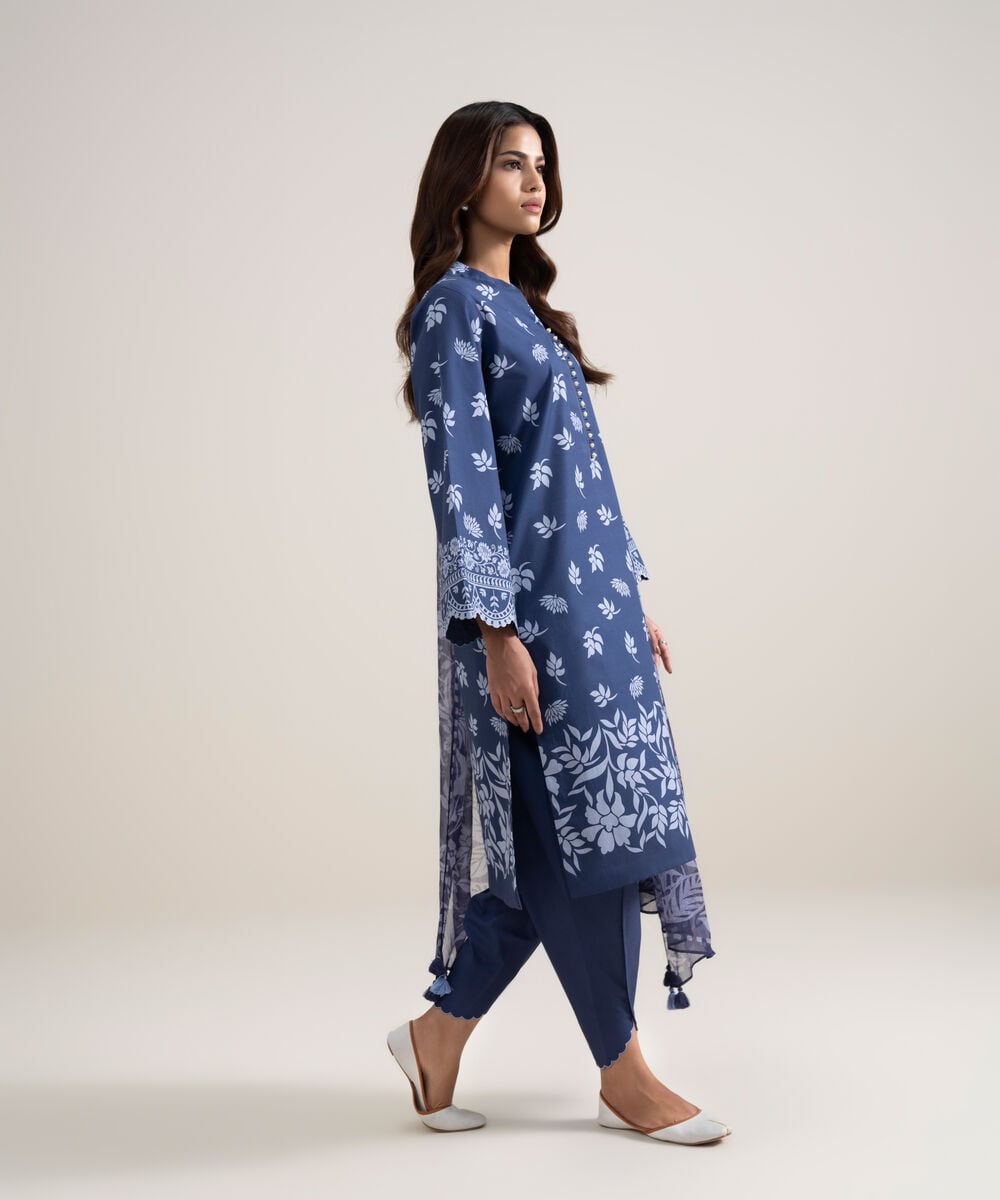Women's Unstitched Lawn Printed Blue 3 Piece Suit