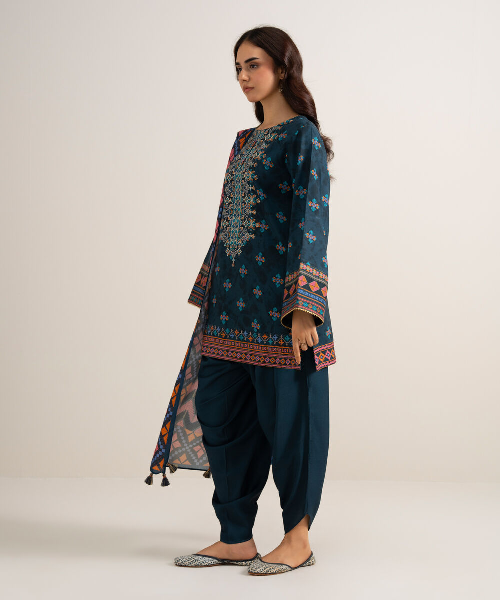 Women's Unstitched Embroidered Linen Blue 3 Piece Suit