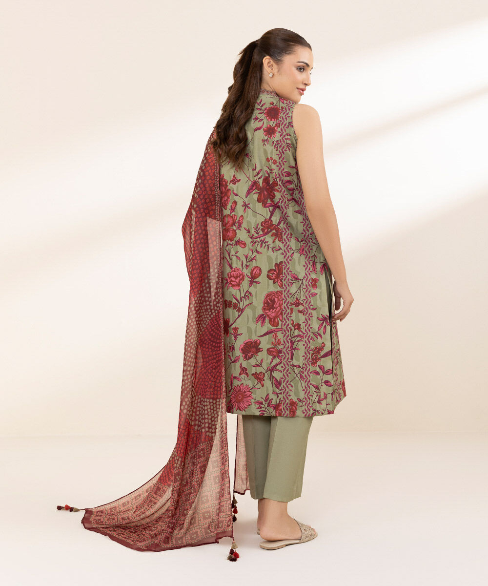 Unstitched Women's Printed Lawn Green Two Piece Suit