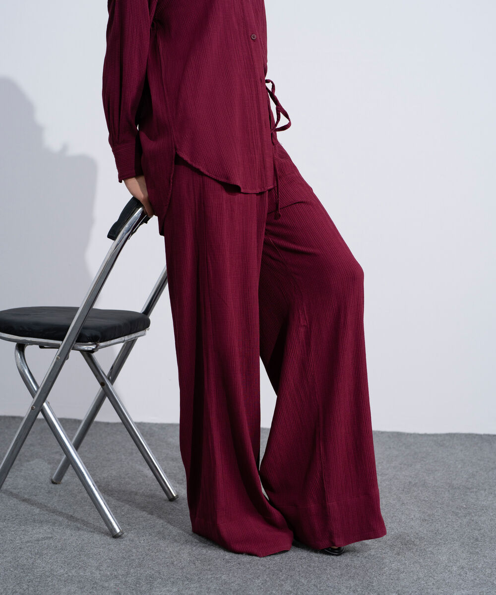 Women's Western Burgundy Wide-Leg Seersucker Trousers