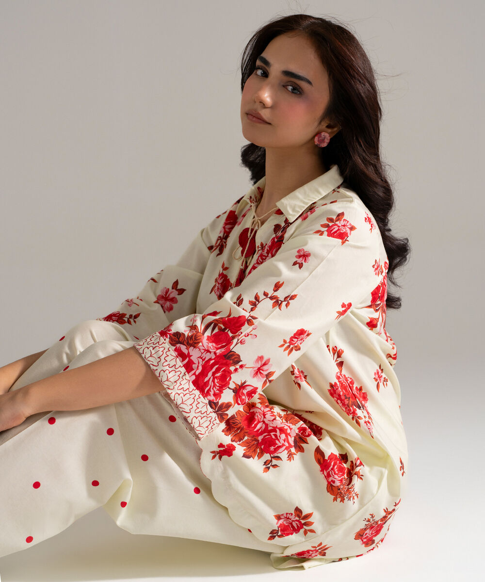 Women's RTW Cotton Viscose Printed Off White 2 Piece Suit