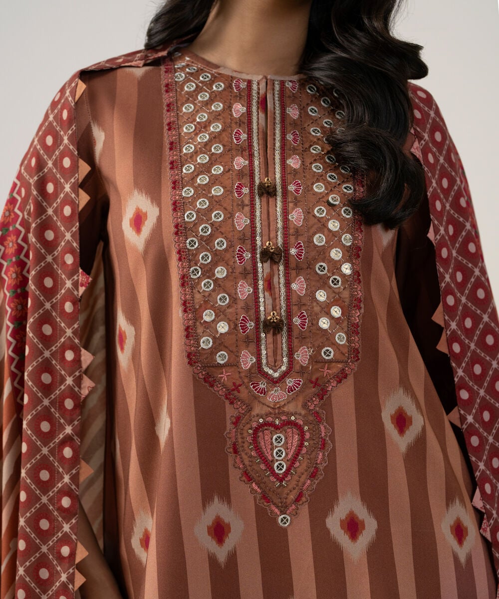 Women's Unstitched Linen Printed Tea Pink 3 Piece Suit