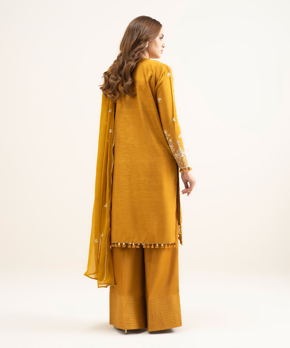 Women's Unstitched Raw Silk Embroidered Orange 3 Piece Suit