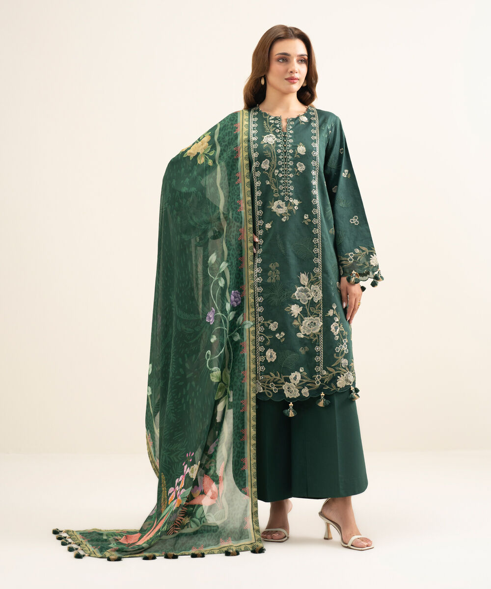 Women's Unstitched Cotton Jacquard Embroidered Green 3 Piece Suit