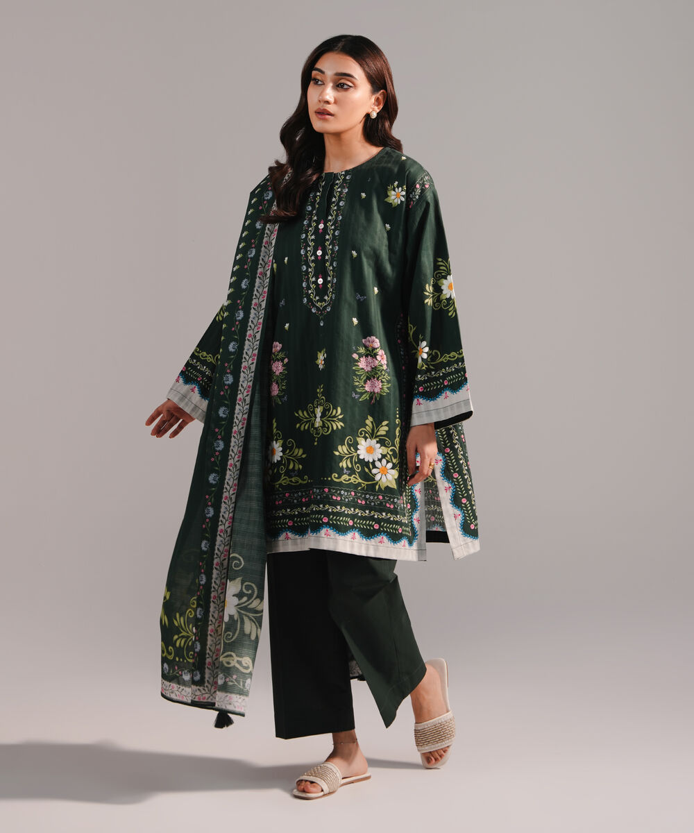 Women's RTW Dobby Printed Dark Green 3 Piece Suit