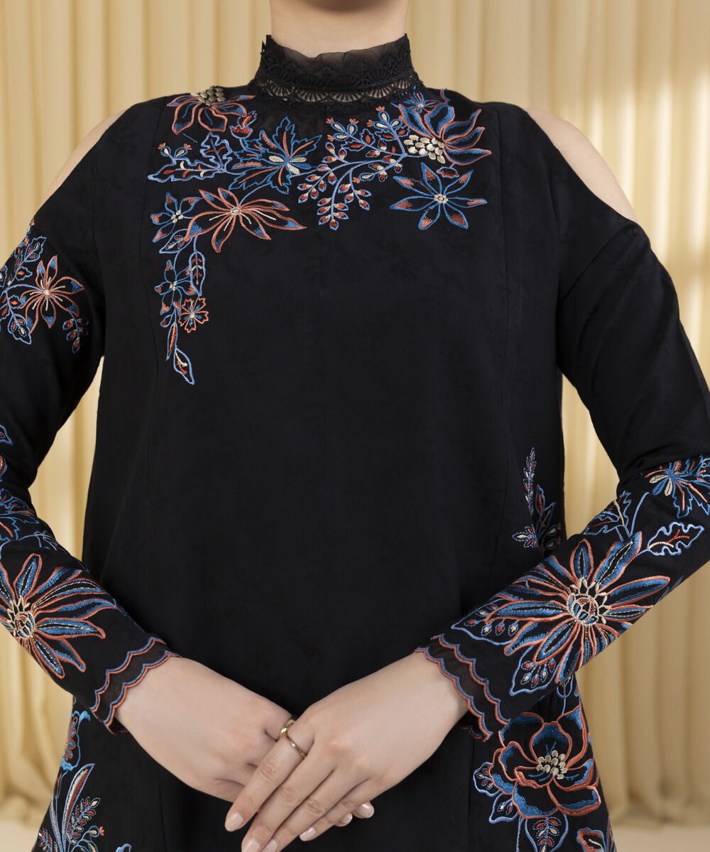 Unstitched Women's Black Cotton Jacquard 3 Piece Suit