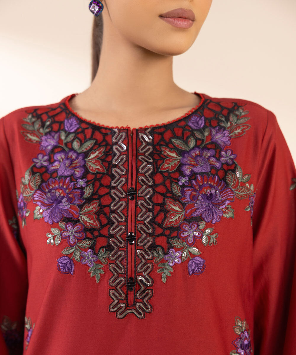 Woman - Red 3 Piece - Embroidered Cotton Satin Suit